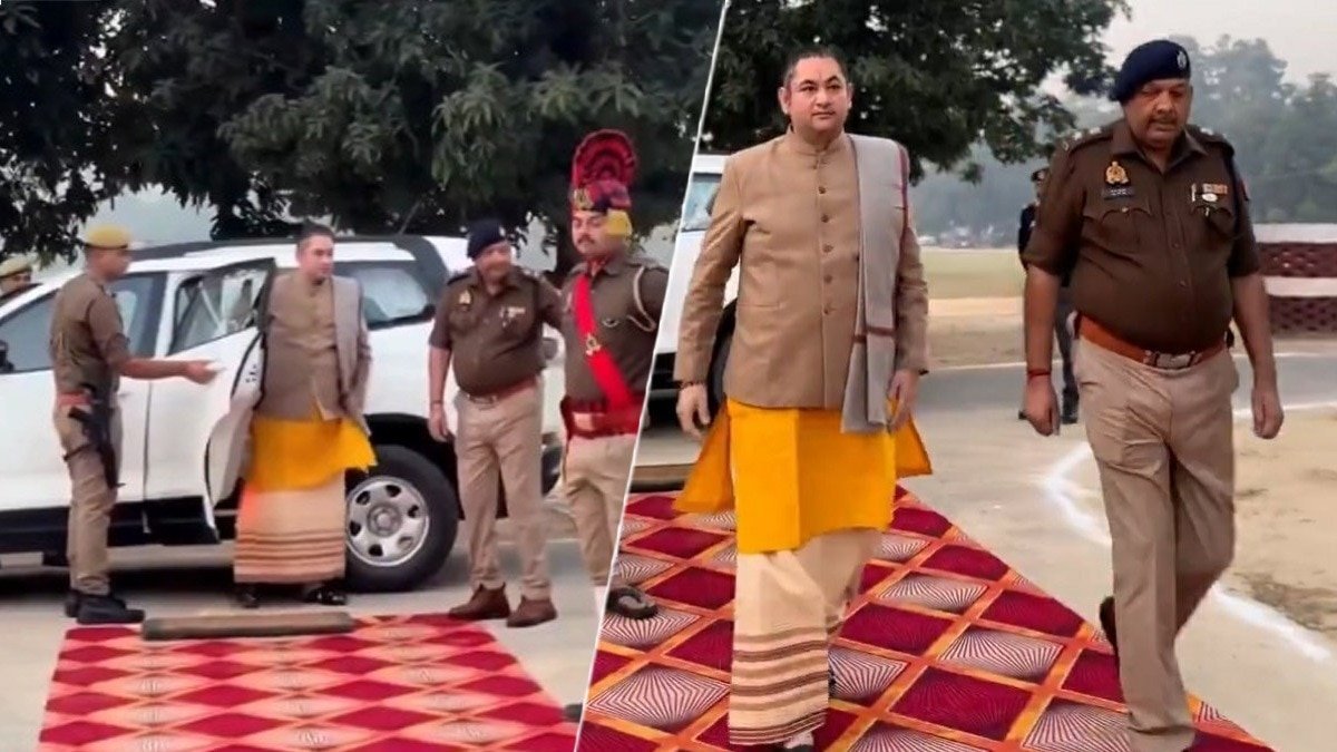 कथावाचक पुडरीक गोस्वामी को गार्ड ऑफ ऑनर दिए जाने से सवाल खड़े हो रहे हैं (Photo: Screengrab)